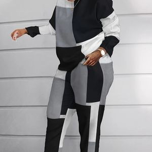 Plus Size Colorblock Long Sleeve Tops & Pants Set, Women's Plus Slight Stretch C